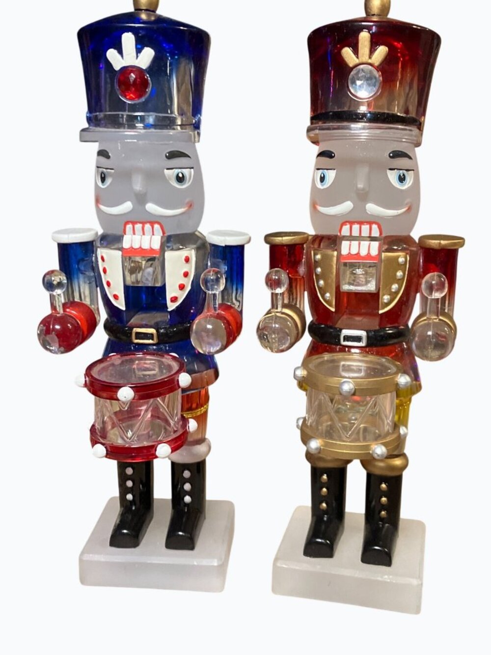 Set Of 2 Glass Nutcracker Drummer Figurines With Red & Blue Accents Frosted Fini